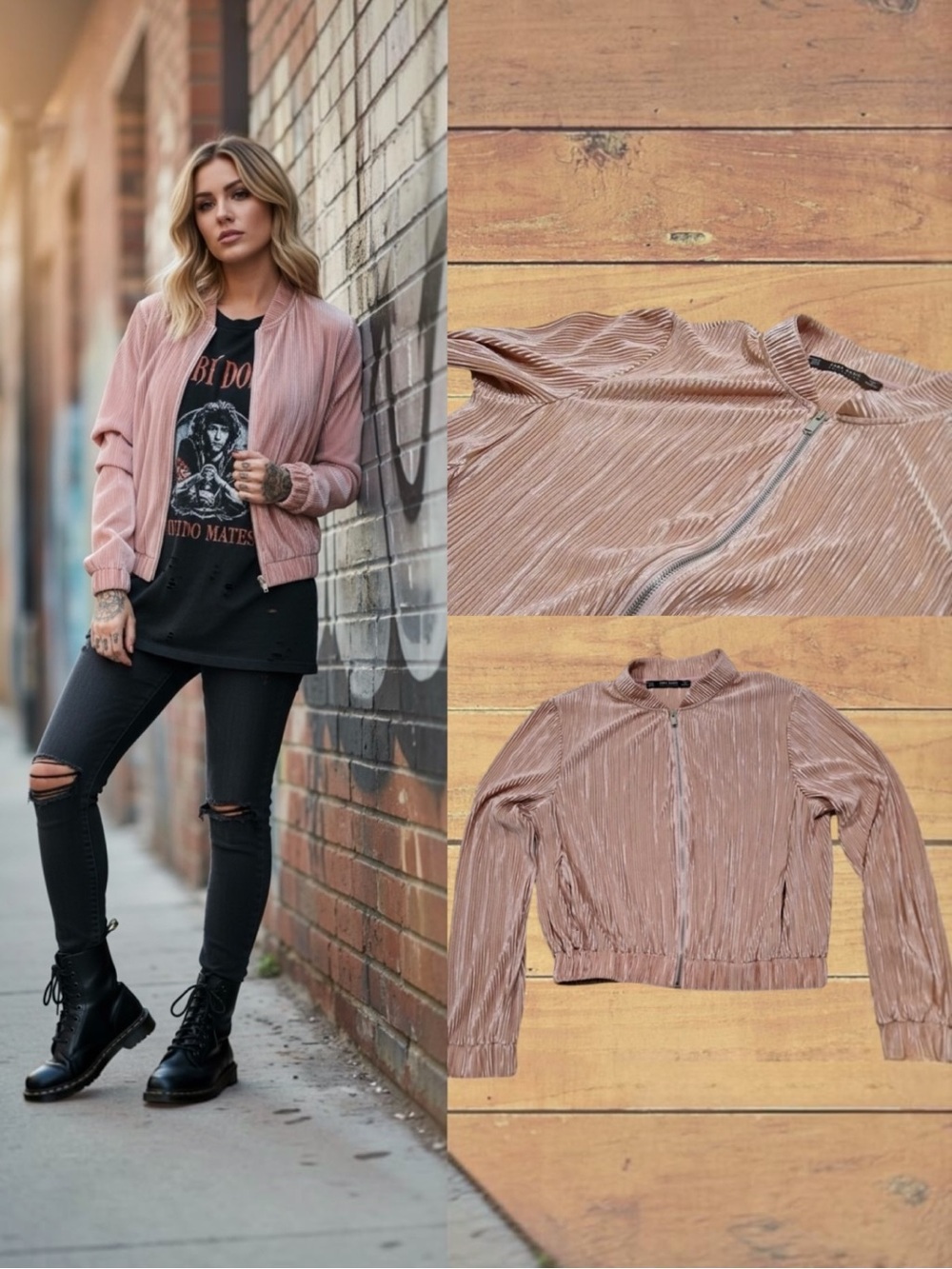 Zara Blush Pink Crushed Velvet Bomber Jacket